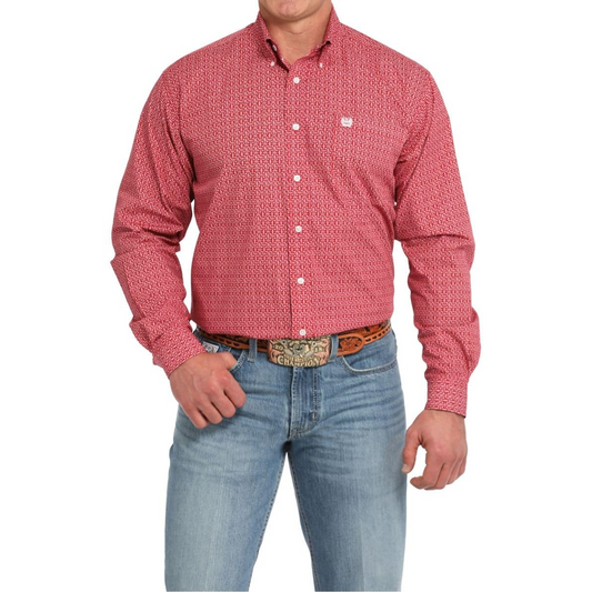 Cinch Men's Long Sleeve Geometric Print Shirt - Red