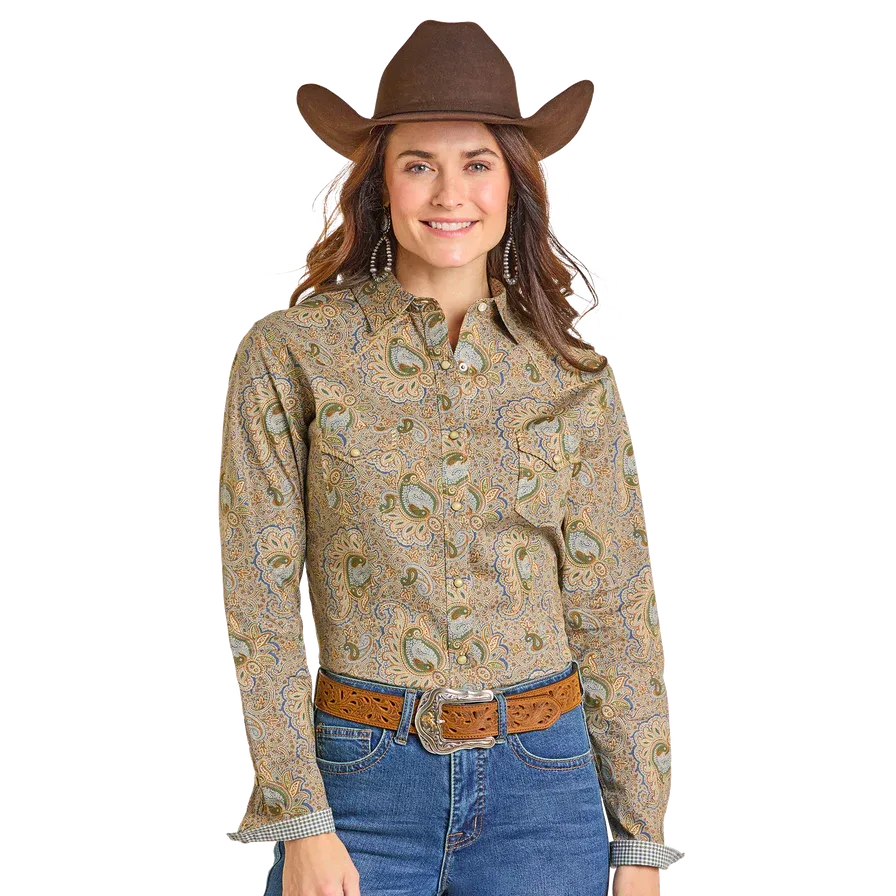 Rock & Roll Women's Rough Stock Long Sleeve Snap Front Shirt - Tan