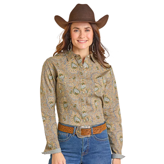 Rock & Roll Women's Rough Stock Long Sleeve Snap Front Shirt - Tan