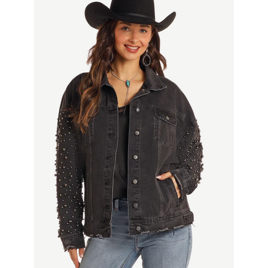 Rock & Roll Women's Long Sleeve Distressed Pearl Sleeve Jacket- Black