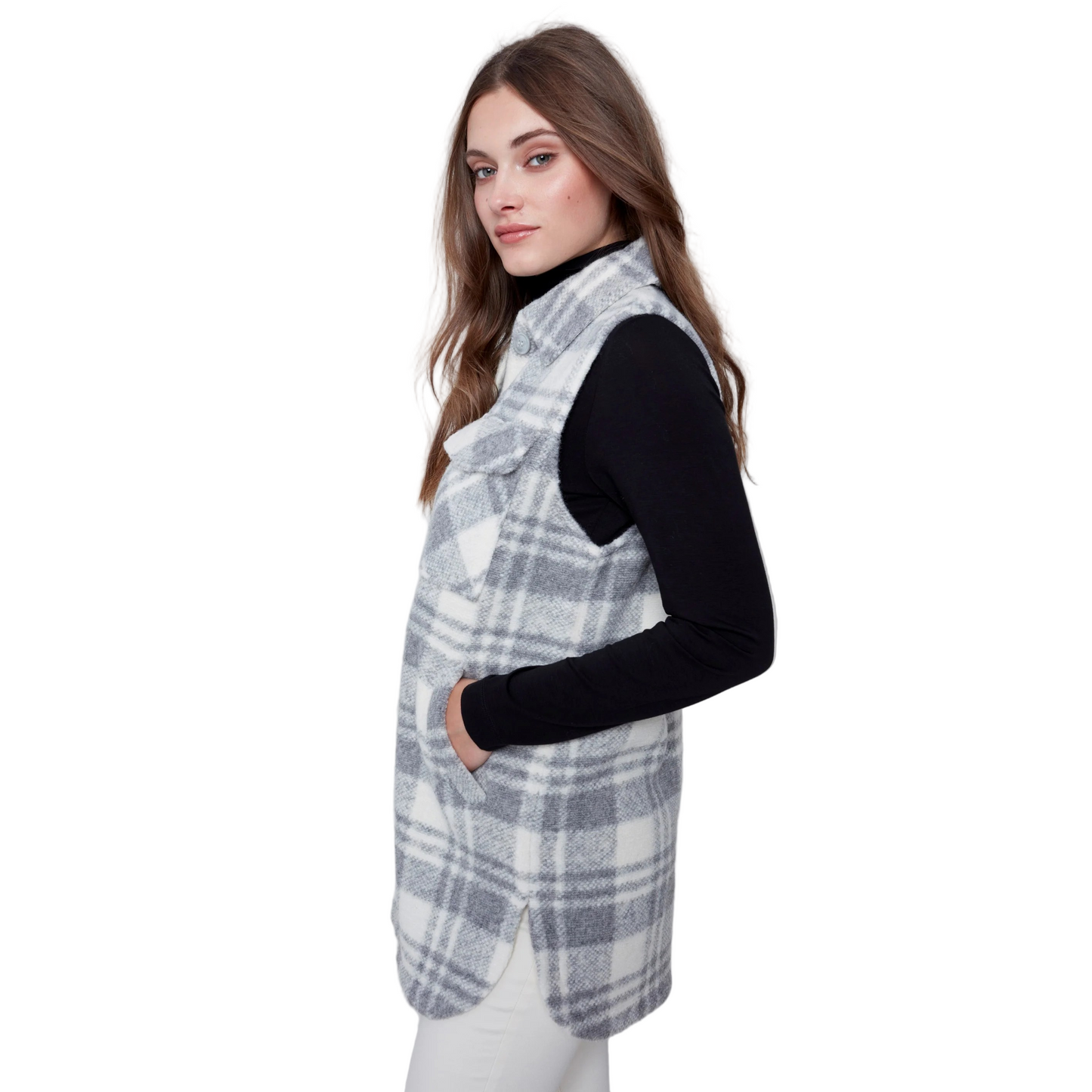 Charlie B Plaid Boiled Wool Vest- Light Grey