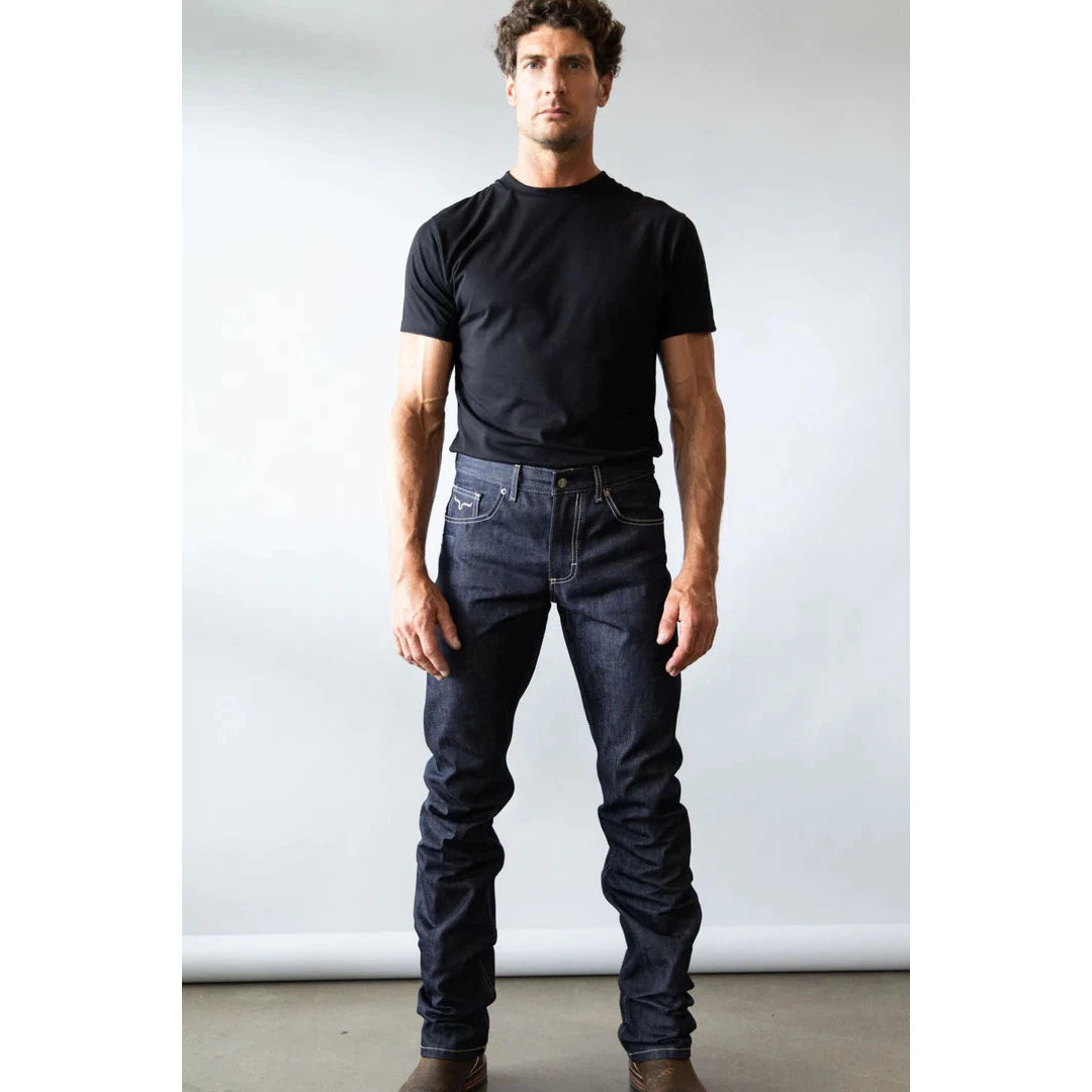 Kimes Men's Raw James Mid Low Rise Straight Bootcut Jeans - Blue