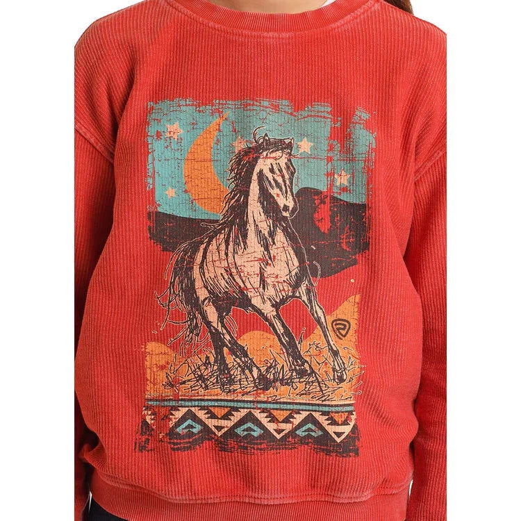 Rock & Roll Girl's Graphic Ribbed Pullover - Rust