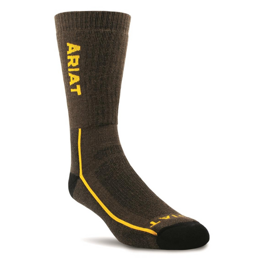 Ariat Performance Series Heavyweight Merino Wool Steel Toe Crew Socks - Brown