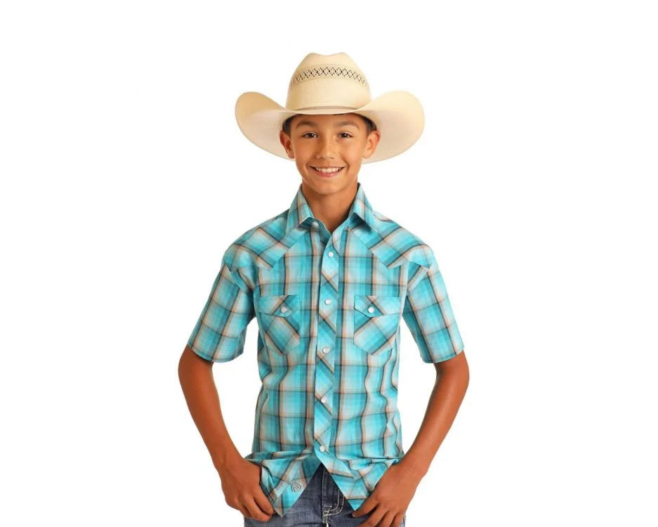 Rock & Roll Boy's Short Sleeve Plaid Dobby Snap Shirt- Bright Turquoise