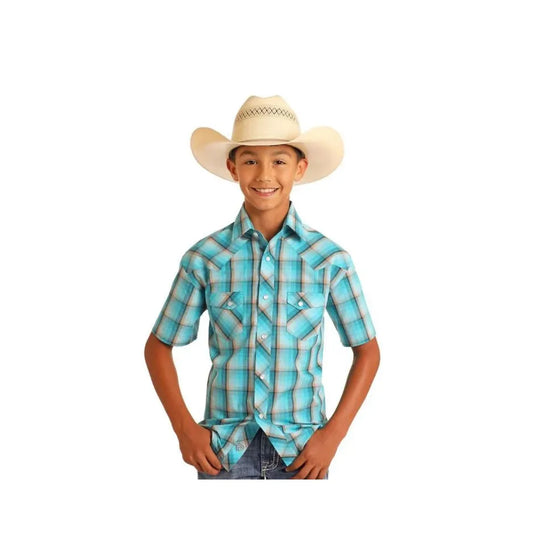 Rock & Roll Boy's Short Sleeve Plaid Dobby Snap Shirt- Bright Turquoise