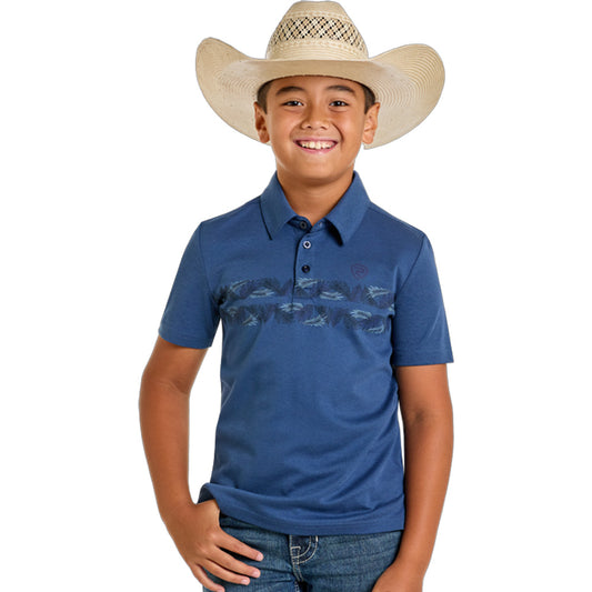 Rock & Roll Boy's Short Sleeve Border Palm Polo- Light Navy