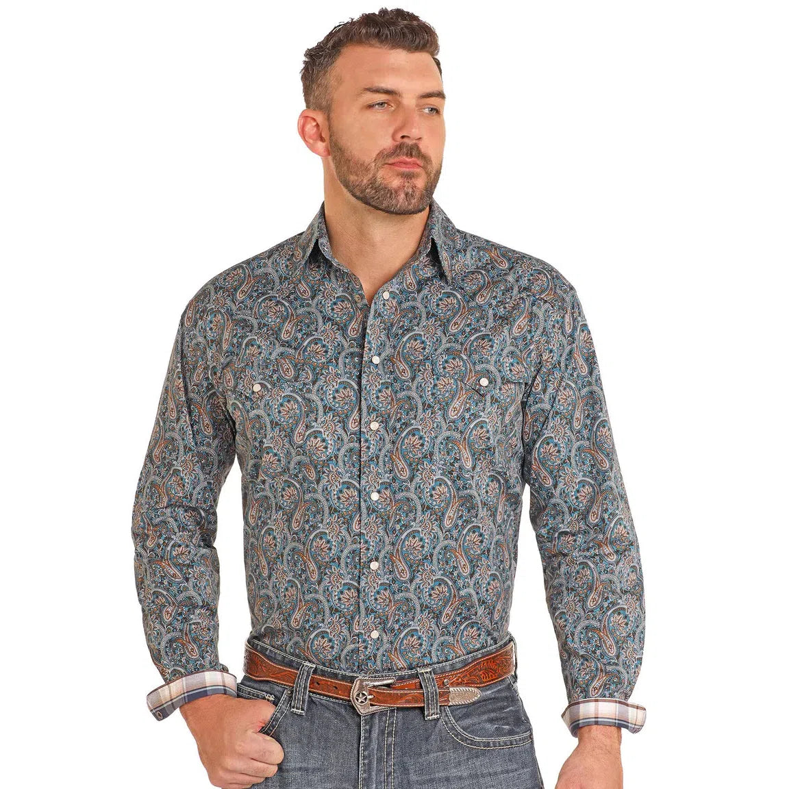 Rock & Roll Men's Long Sleeve Snap Shirt - Teal