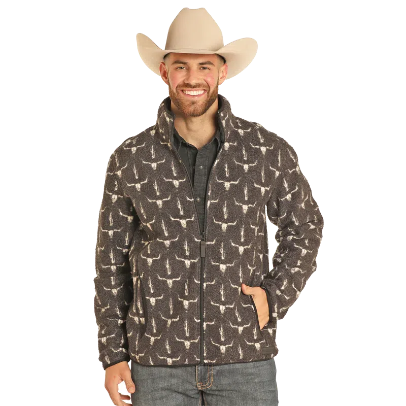 Rock & Roll Men's Steer Head Printed Berber Full Zip - Charcoal