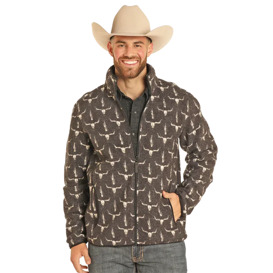 Rock & Roll Men's Steer Head Printed Berber Full Zip - Charcoal