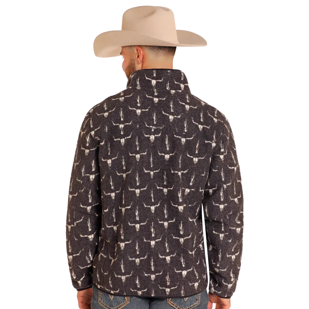 Rock & Roll Men's Steer Head Printed Berber Full Zip - Charcoal