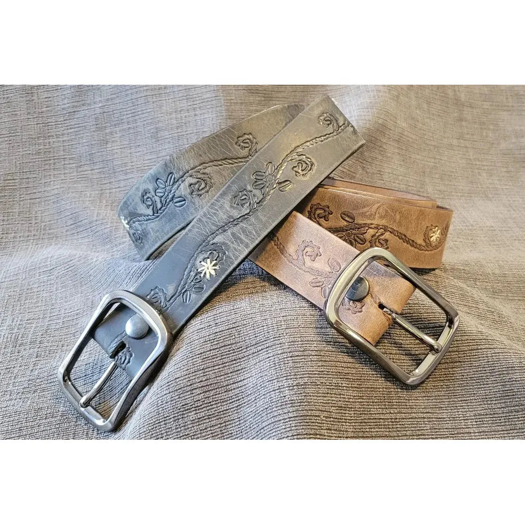 Barrett Women's Belt- Distressed Brown with Floral Stitching- Multiple Colours