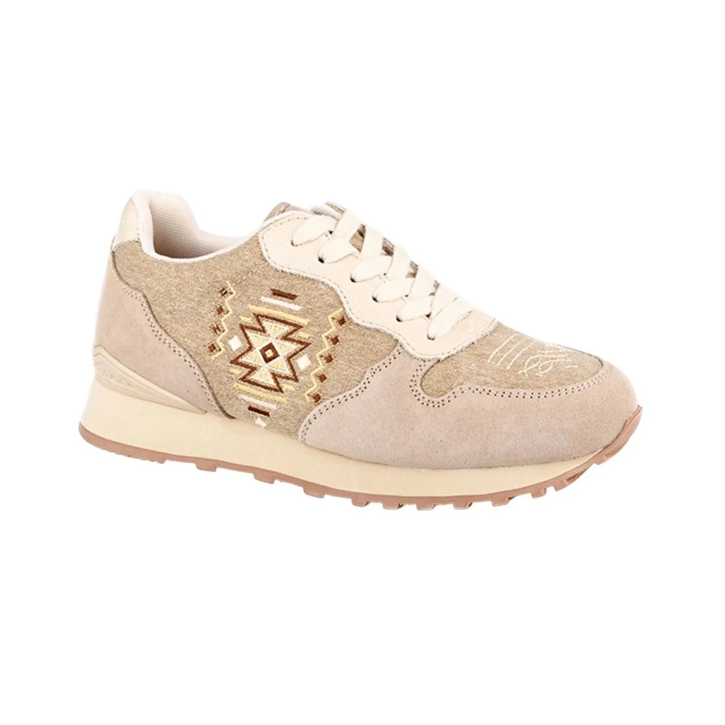 Roper Women's Laced Cow Suede and Aztec Embroidery Shoe- Taupe