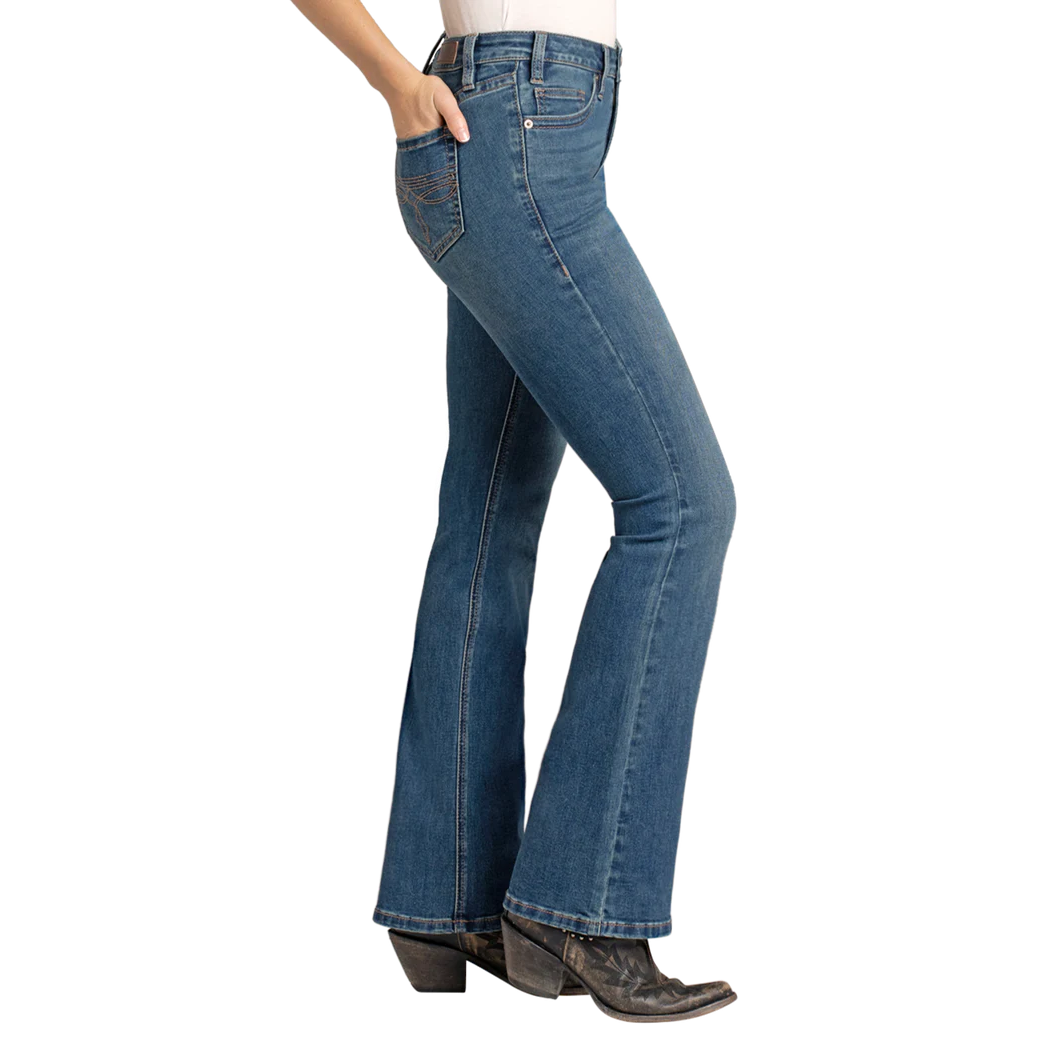 Rock & Roll Women's Boot Stitch Embroidered High Rise Boot Cut Jeans - Medium Wash