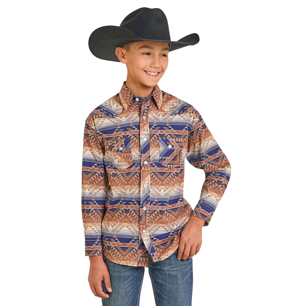 Rock & Roll Boy's Long Sleeve Aztec Print Shirt - Tan