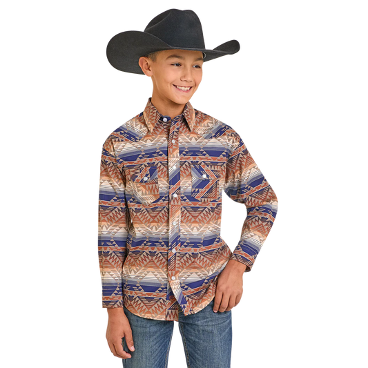 Rock & Roll Boy's Long Sleeve Aztec Print Shirt - Tan