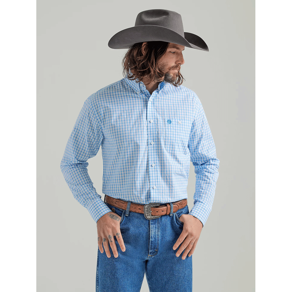 Wrangler Men's George Strait Long 1 Pocket Button Down Shirt - Blue