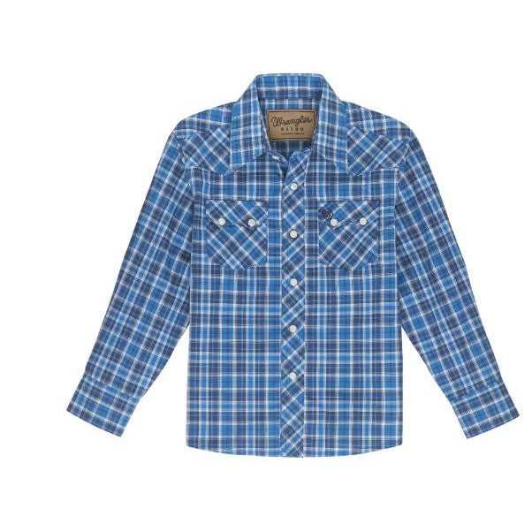 Wrangler Boy's Retro Core Long Sleeve Plaid Shirt- Blue