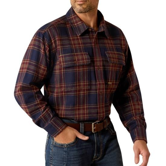 Ariat Men's Rebar Heavy Flannel Long Sleeve Work Shirt - Navy/Malbec