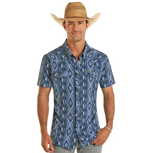 Rock & Roll Men's 2 Pocket Short Sleeve Aztec Snap Shirt - Blue