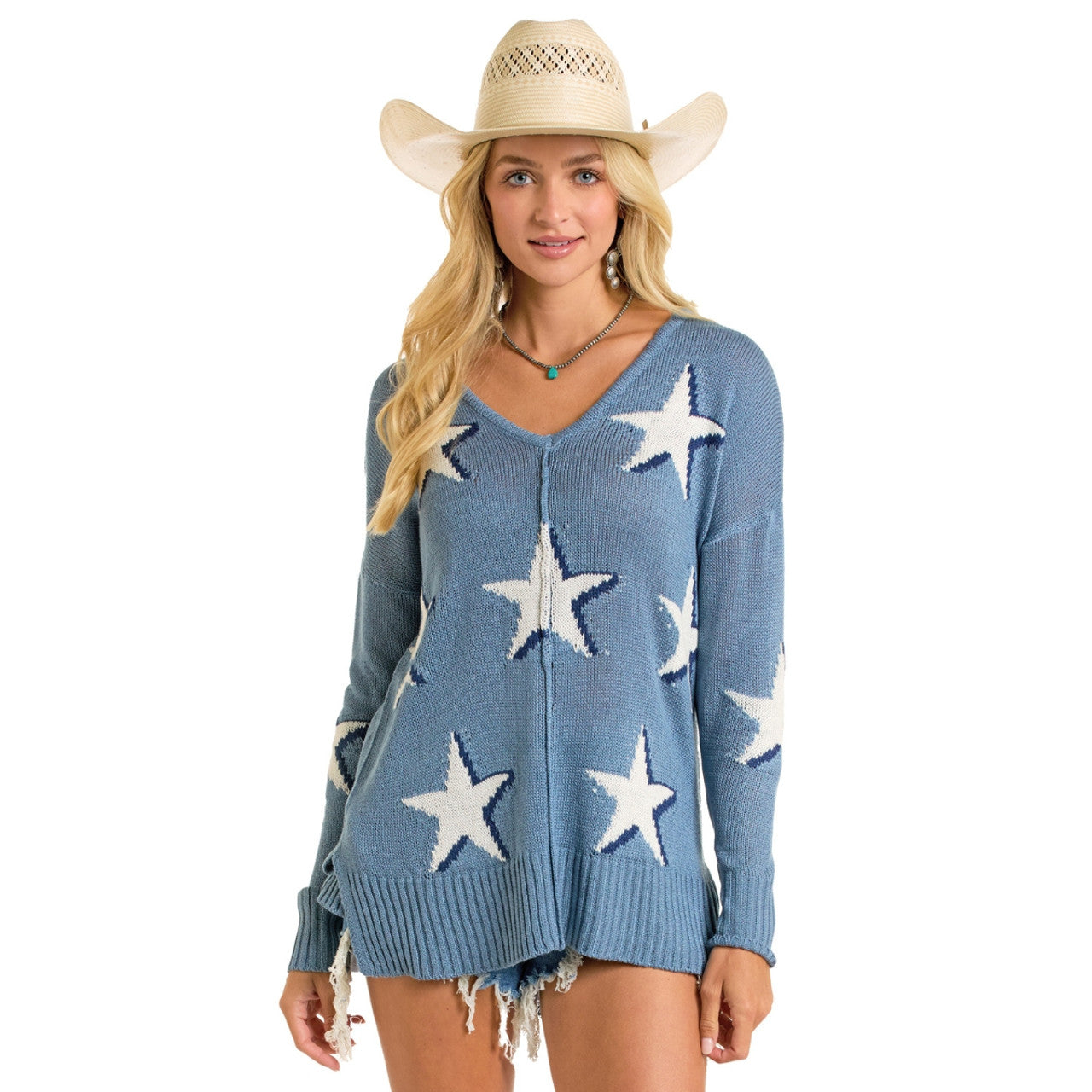 Rock & Roll Women's Star Baja Sweater- Cerulean