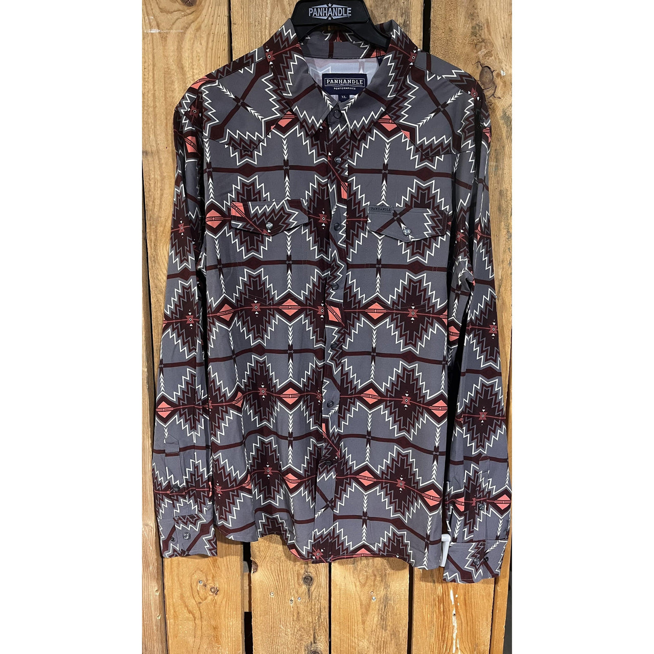 Panhandle Men's Long Sleeve Aztec Print Shirt-  Burgundy