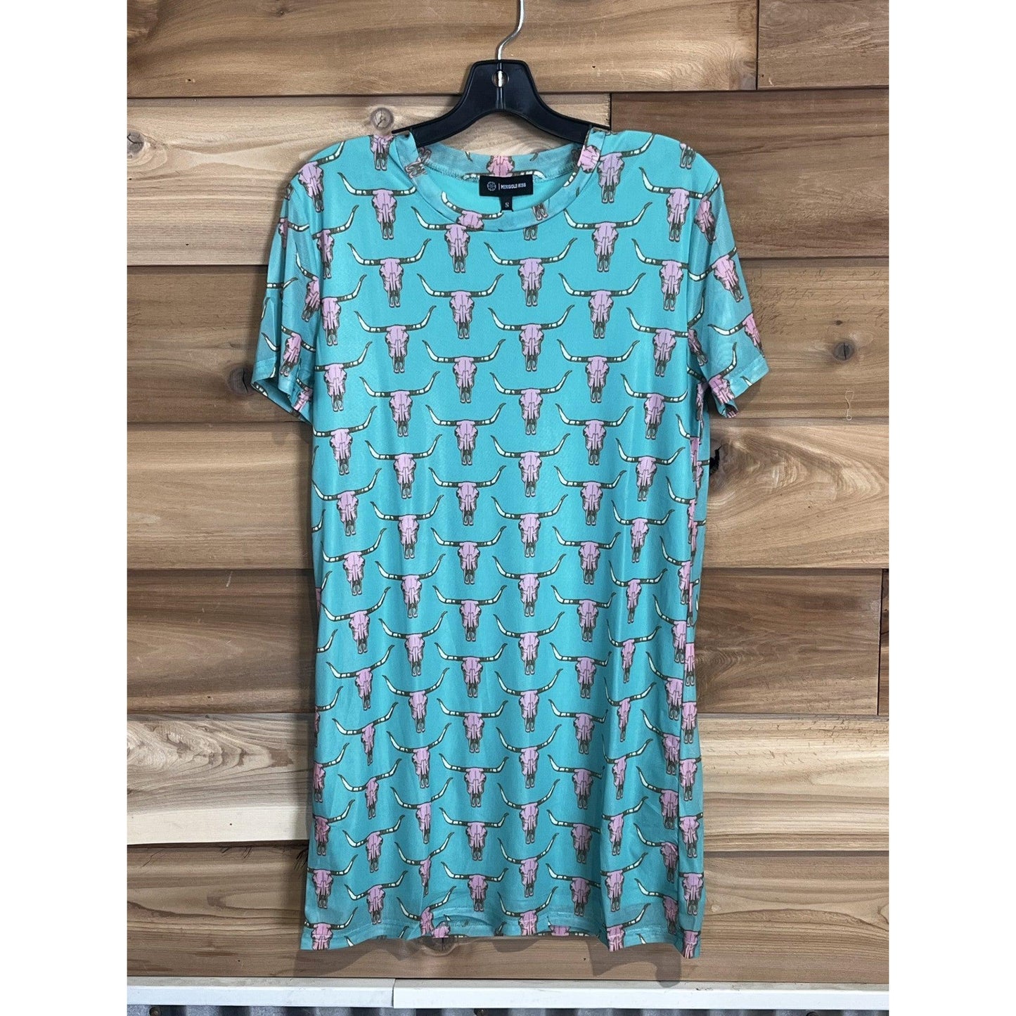 Women's Short Sleeve Mesh Sheath Dress- Cow Skull