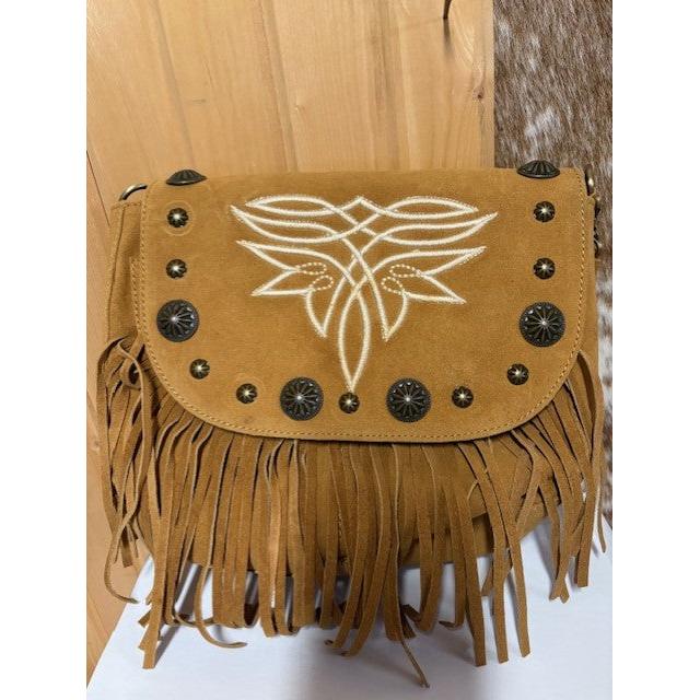 American Darling Women's Leather Western Fringed Crossbody- Tan