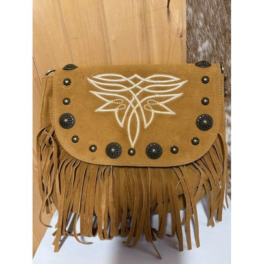 American Darling Women's Leather Western Fringed Crossbody- Tan