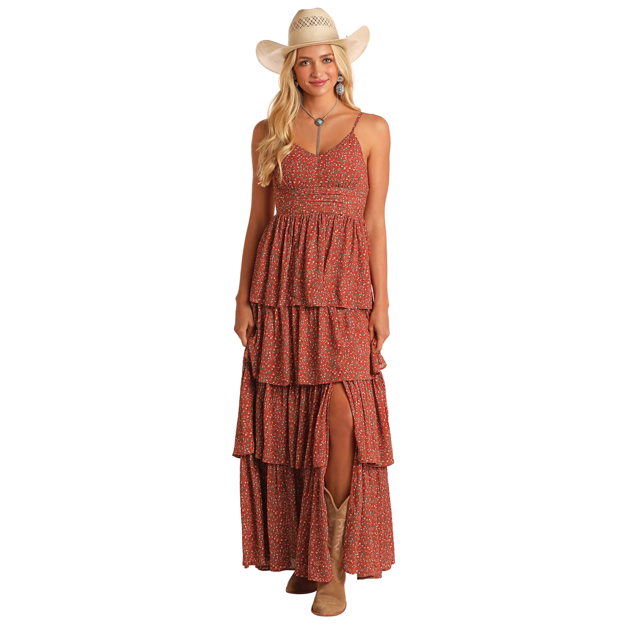 Rock & Roll Women's Tiered Maxi Dress- Burnt Orange