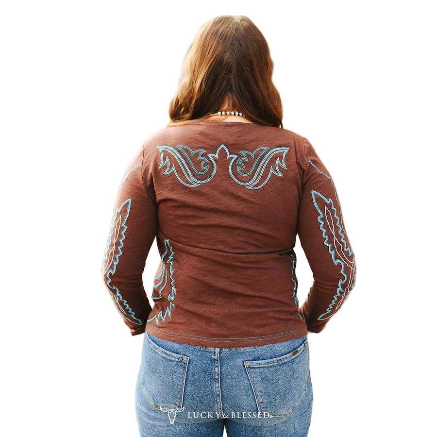 Lucky & Blessed Women's Long Sleeve Boot Stitch Embroidered Shirt- Brown