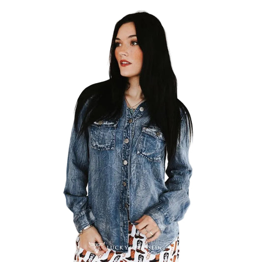 Lucky & Blessed Women's Long Sleeve Button Down Tencel Shirt- Blue