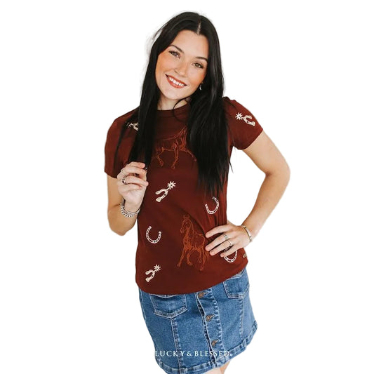 Lucky & Blessed Women's Western Horseshoe Spur Embroidered Shirt - Brown