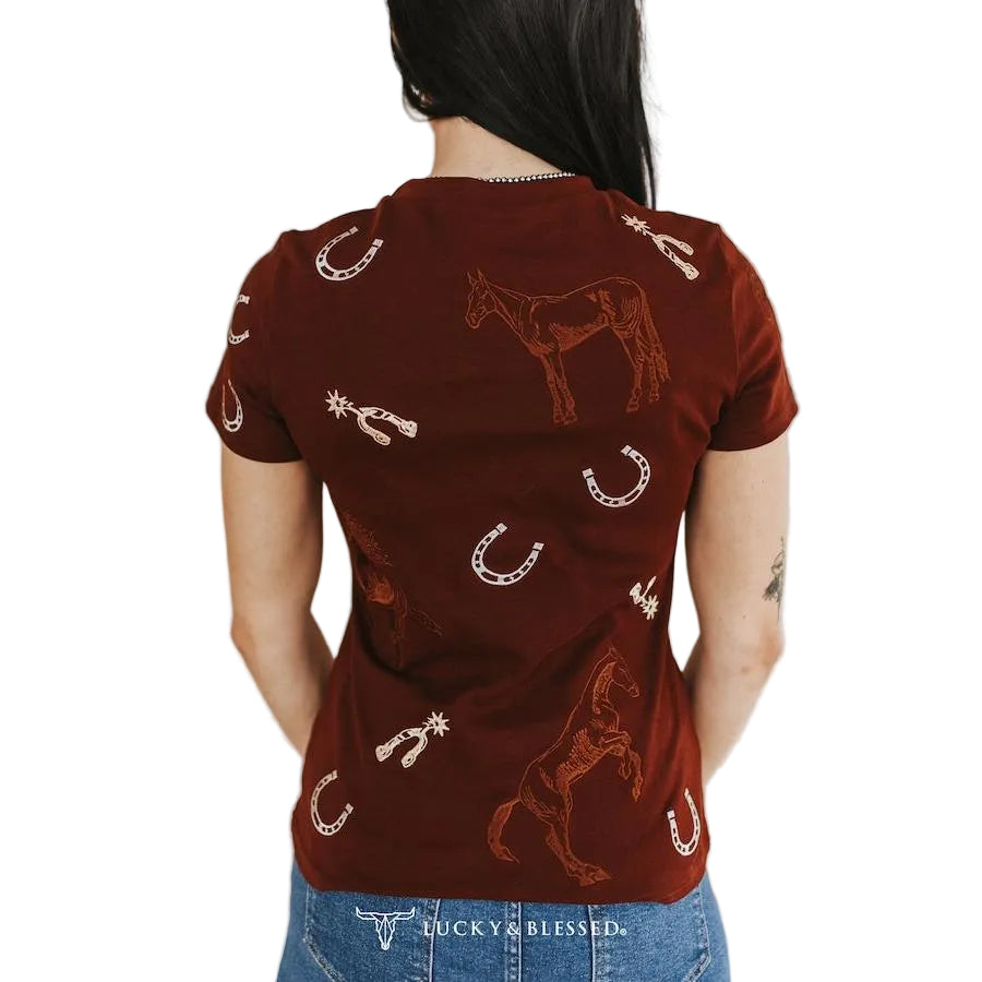 Lucky & Blessed Women's Western Horseshoe Spur Embroidered Shirt - Brown