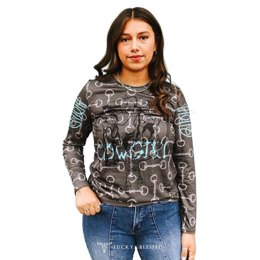 Lucky & Blessed Women's Horse Design Long Sleeve Shirt- Charcoal Grey