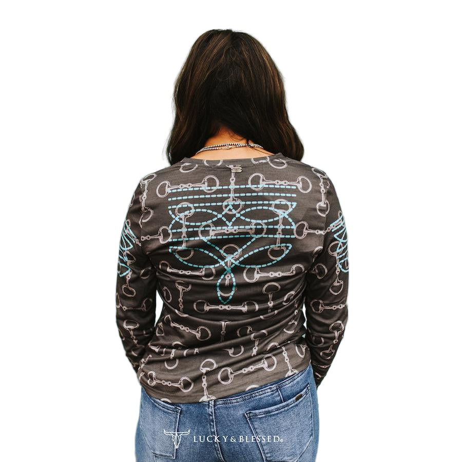 Lucky & Blessed Women's Horse Design Long Sleeve Shirt- Charcoal Grey