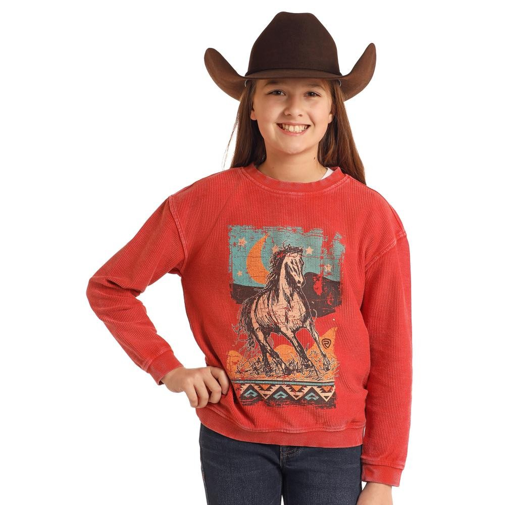 Rock & Roll Girl's Graphic Ribbed Pullover - Rust