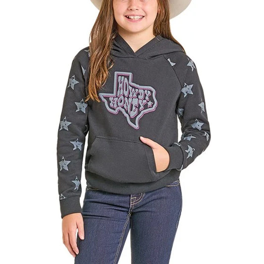 Rock & Roll Girl's Long Sleeve Graphic Hoodie with Star Sleeves - Black