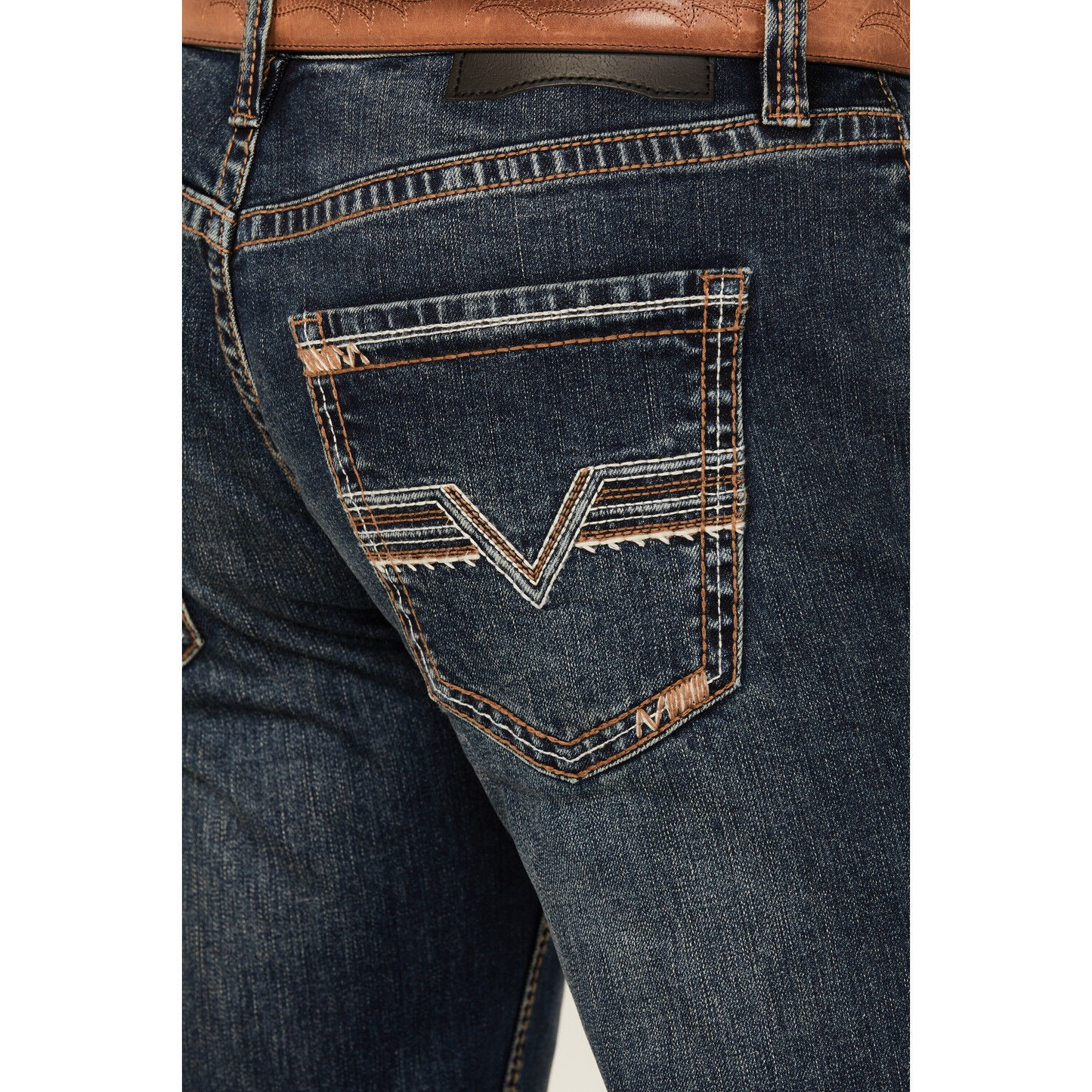 Rock & Roll Men's Regular Fit V Shape Emblem Pistol Straight Let Jeans- Dark Vintage