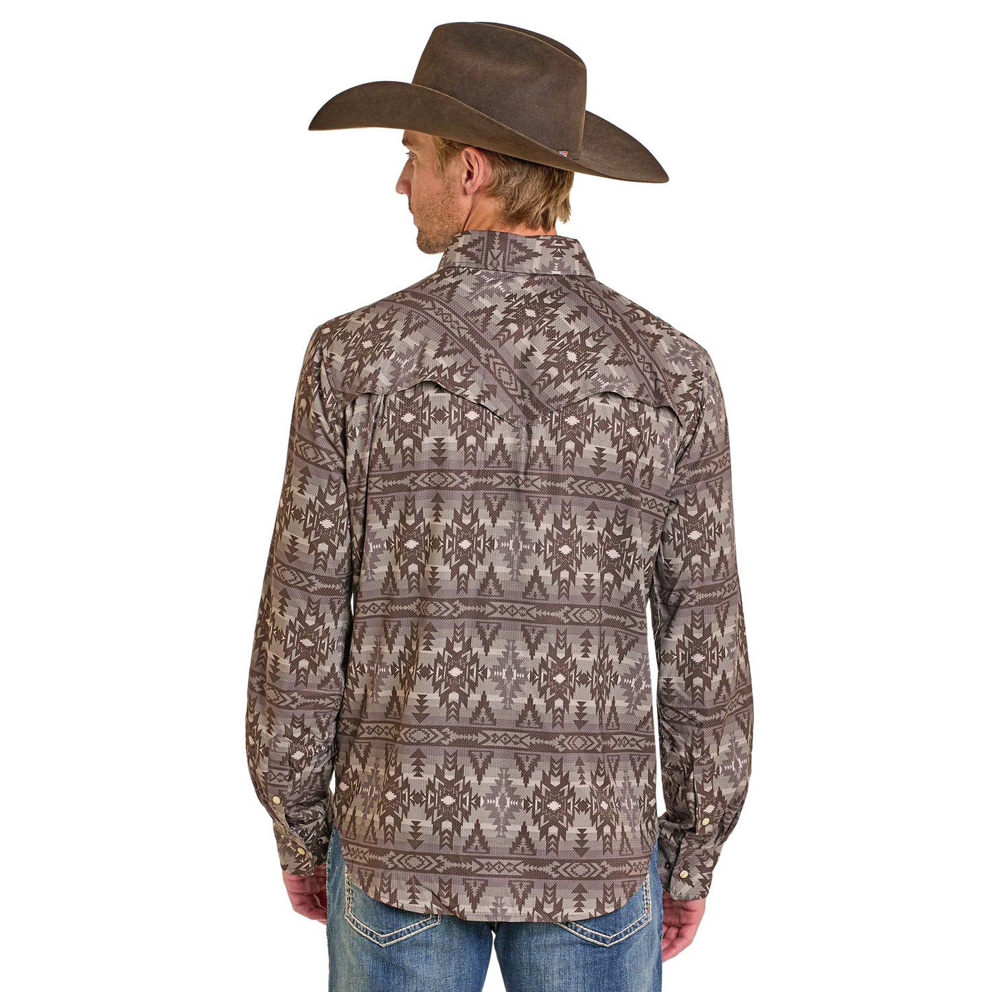 Rock & Roll Boy's Tek Aztec Print Long Sleeve Snap Shirt - Chocolate