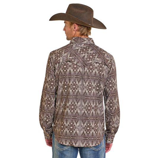 Rock & Roll Boy's Tek Aztec Print Long Sleeve Snap Shirt - Chocolate