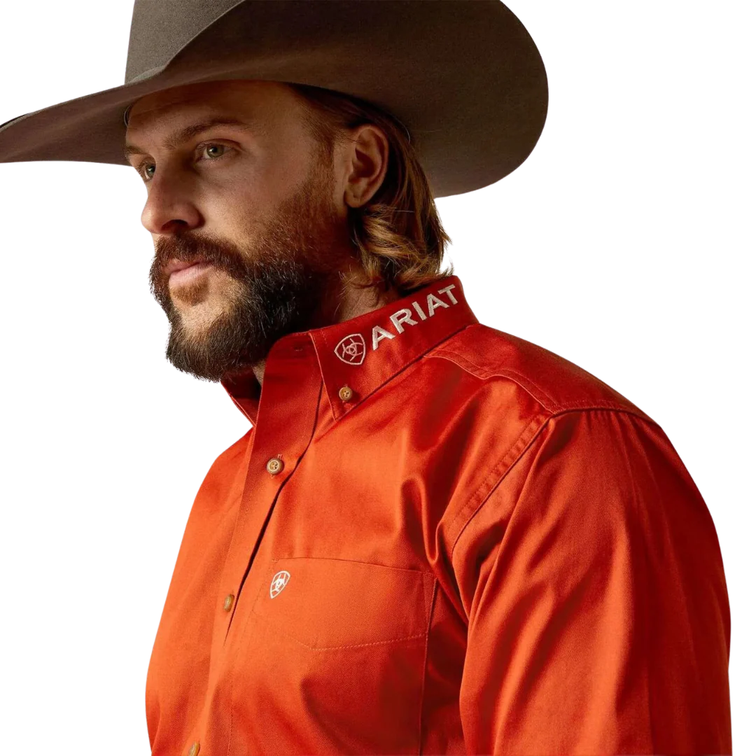 Ariat Men's Team Logo Twill Long Sleeve Classic Fit Shirt - Dark Orange/White