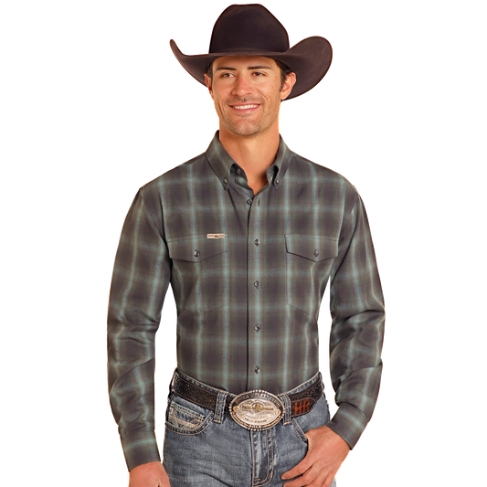 Powder River Men's Long Sleeve Brushed Plaid Shirt- Forest Green