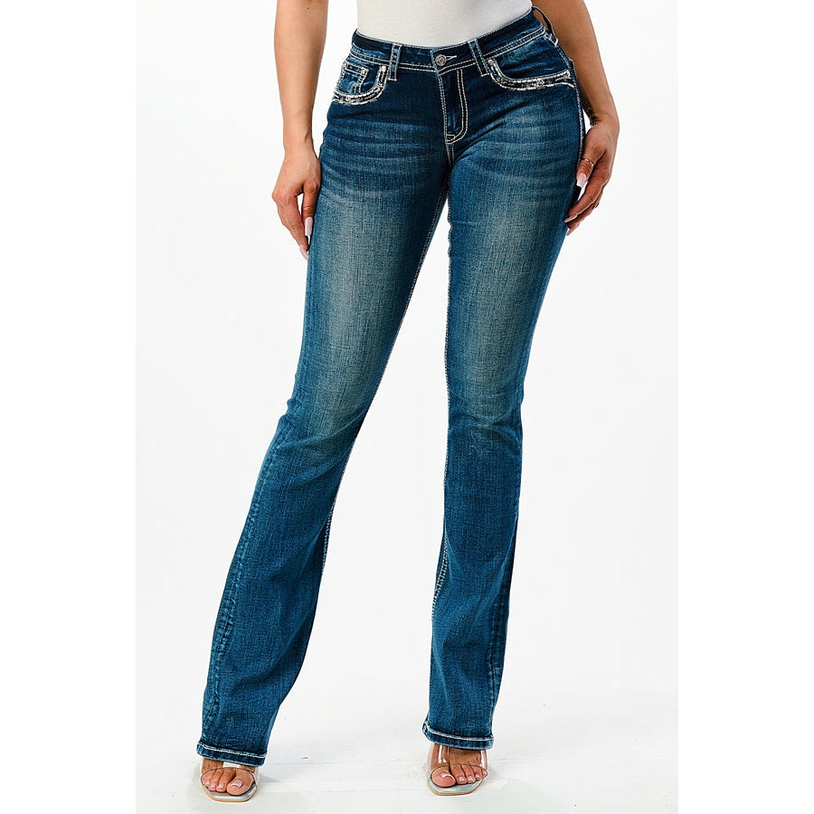 Grace In LA Women's Easy Bootcut Jeans - Feather Faux Flap