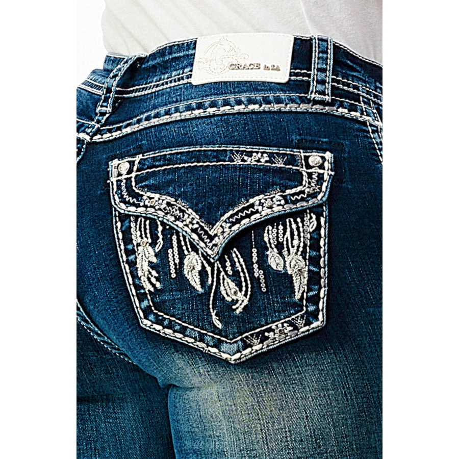 Grace In LA Women's Easy Bootcut Jeans - Feather Faux Flap