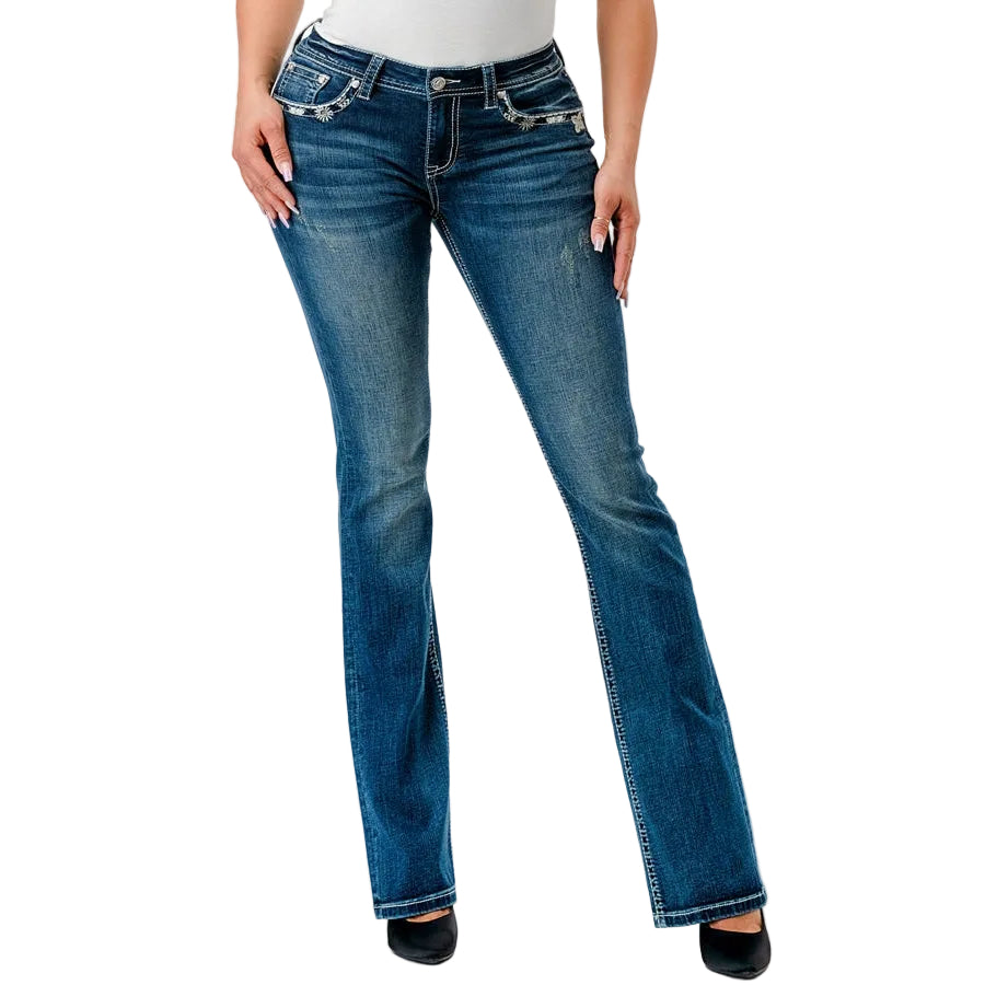 Grace In LA Women's Easy Bootcut Jeans - Floral Faux Flap