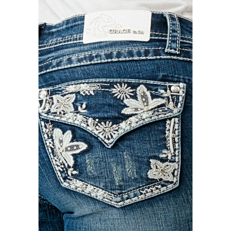 Grace In LA Women's Easy Bootcut Jeans - Floral Faux Flap