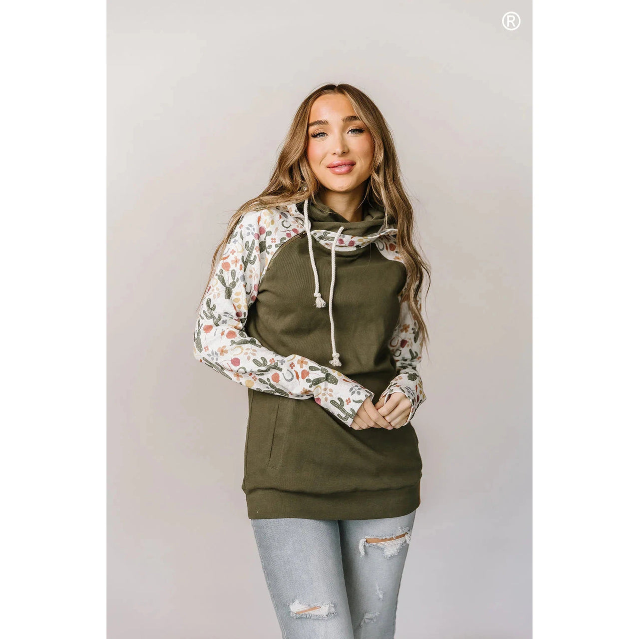 Ampersand Women's Cactus Blossom DoubleHood Sweatshirt - Green/Cactus Floral