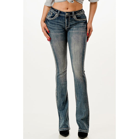 Grace in LA Women's  Embroidered Floral Horseshoe Easy Bootcut Jeans - Medium Blue