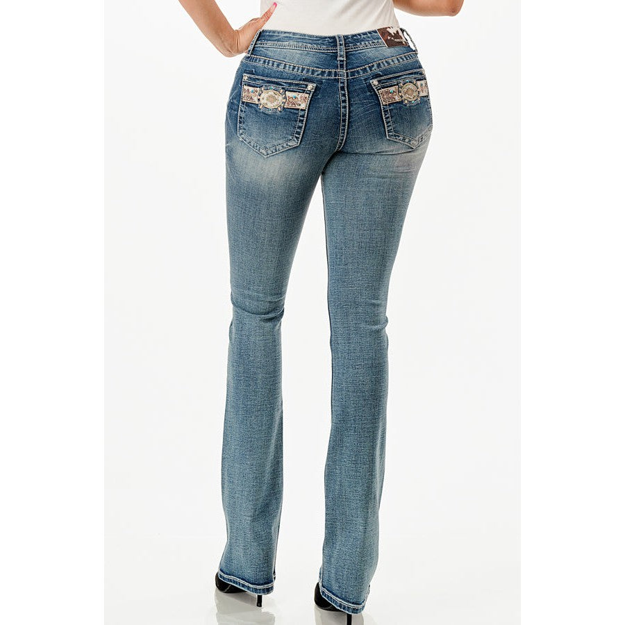 Grace in LA Women's  Embroidered Aztec Cowhide Easy Bootcut Jeans - Medium Blue